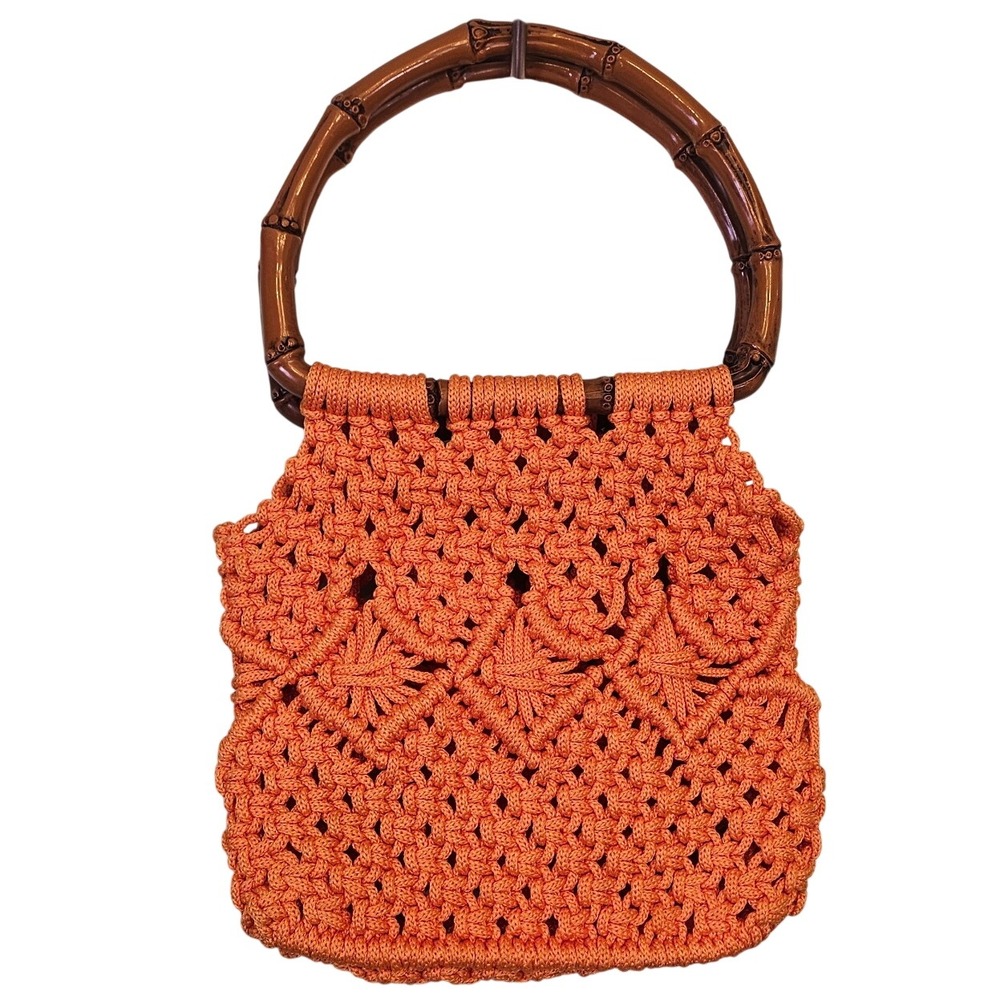 Vintage 70s Orange Macrame Handbag‎ Faux Bamboo Handles Boho Hippie Purse Tote